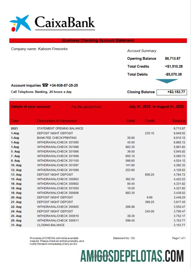Baixável CAIXABANK Company Bank Statement Word And PDF modelo